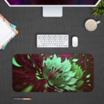 Dark burgundy desk pad with a large, abstract floral pattern in bright mint green, adding a unique and artistic touch to your workspace. Desk Pad kept on a gray background