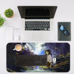 Infidu Artistic Desk Pad with a blue-tinted dragon and a glowing figure in a dark, misty background, creating a magical, slightly eerie atmosphere. Desk Mat with an Apple Laptop