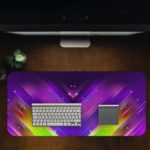 Desk mat with vibrant, colorful geometric patterns in purple, blue, pink, and yellow, resembling cosmic lighting effects. Desk Pad in computer table