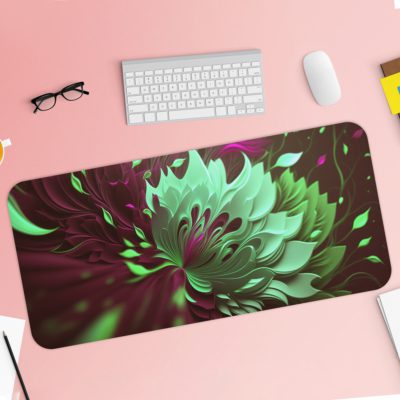 Dark burgundy desk pad with a large, abstract floral pattern in bright mint green, adding a unique and artistic touch to your workspace. Desk Pad with Keyboard and Mouse