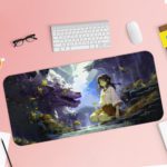 Infidu Artistic Desk Pad with a blue-tinted dragon and a glowing figure in a dark, misty background, creating a magical, slightly eerie atmosphere. Desk Pad with Keyboard and Mouse