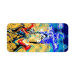 Infidu Artistic Desk Mat with dynamic swirling abstract pattern in yellow, red, and blue on a dark background. Desk Pad kept on a plain white background