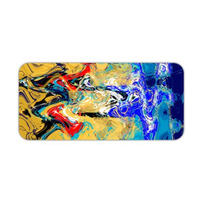 Infidu Artistic Desk Mat with dynamic swirling abstract pattern in yellow, red, and blue on a dark background. Desk Pad kept on a plain white background