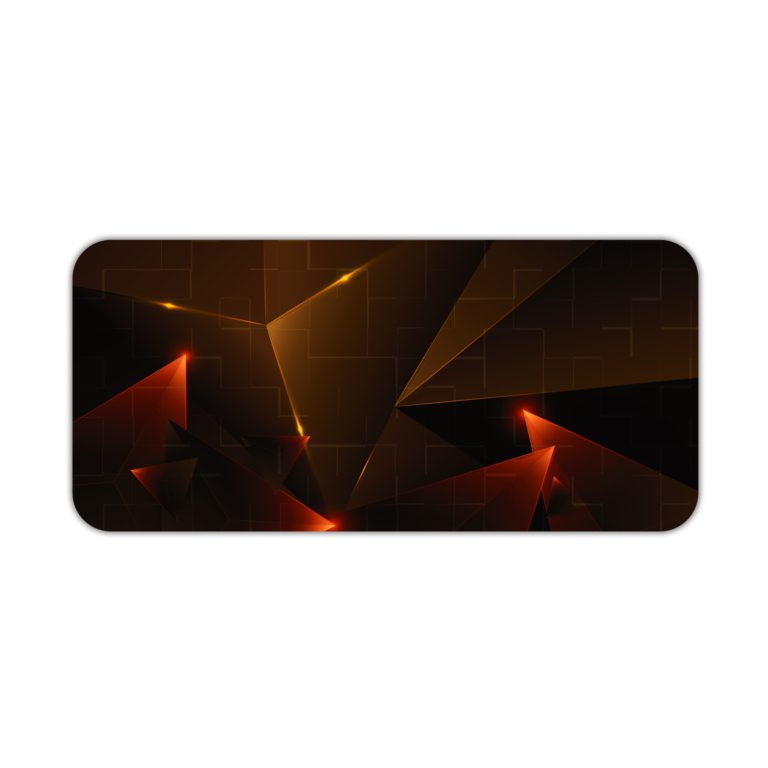 Infidu Desk Pad with abstract triangular patterns in warm reddish-orange on a dark background. Desk Pad kept on a plain white background