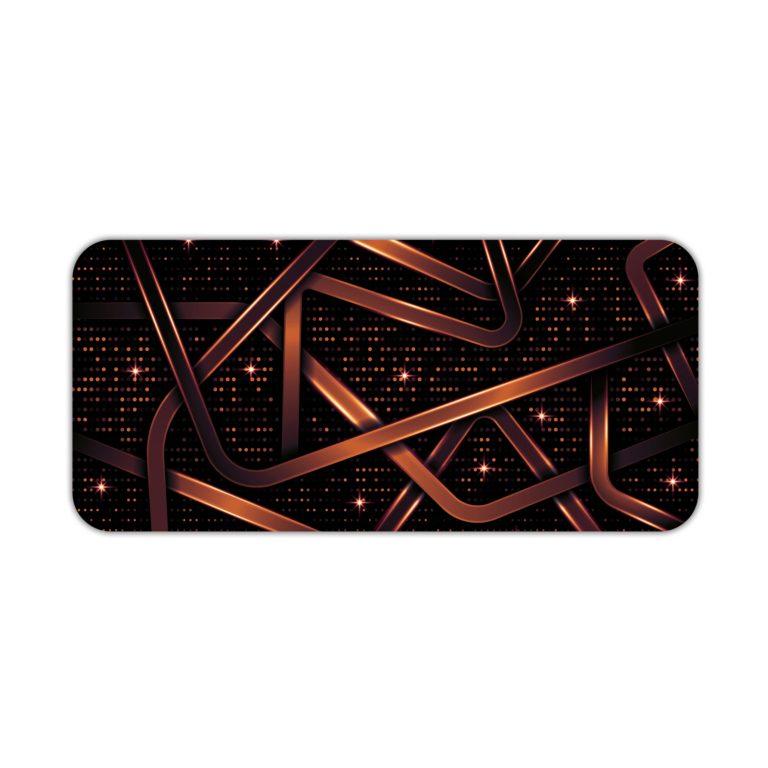 Infidu desk pad with a dark background, copper-colored ribbons, and glowing pinkish-purple lights, creating a sleek, modern look. Desk Pad kept on a plain white background