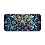 Infidu desk pad with vibrant geometric patterns in blue, turquoise, orange, and teal, featuring a futuristic design with intricate details. Desk Pad kept on a plain white background