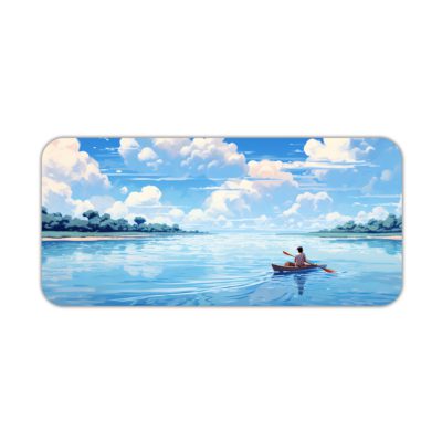 Man rowing a boat on calm water with a bright blue sky and fluffy white clouds reflecting below. Desk Pad kept on a plain white background