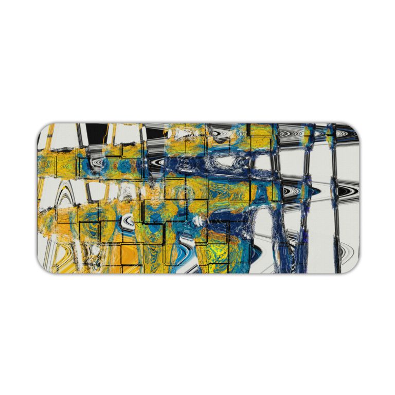 Infidu Artistic Desk Mat with abstract cityscape design in yellow and blue with white lines. Desk Pad kept on a plain white background