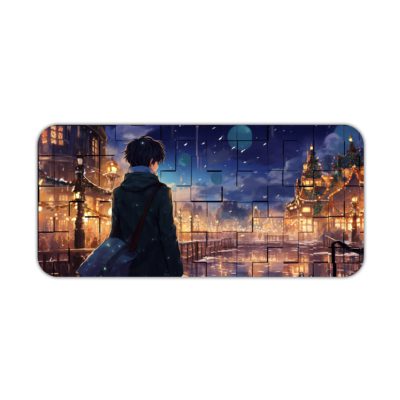 Anime character in a coat and hat overlooking a nighttime cityscape with twinkling lights and a full moon on the Infidu Artistic Desk Mat. Desk Pad kept on a plain white background