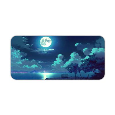 Serene nighttime scene with a full moon reflected in calm waters and tree silhouettes on the Infidu Nature Inspired Desk Mat. Desk Pad kept on a plain white background