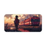 A Boy standing by train tracks with a red train and sunset in the background on the Infidu Artistic Desk Pad. Desk Pad kept on a plain white background