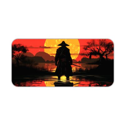 Ninja samurai standing in water with a warm sunset backdrop on the Infidu Creative Workspace Desk Pad. Desk Pad kept on a plain white background