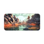 Rocky coastal scene with cliffs, boulders, and a flowing river in earthy oranges and cool blues. Desk Pad kept on a plain white background