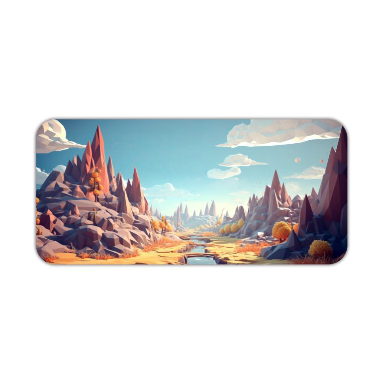 Fantastical landscape with towering, colorful rock formations in vibrant blues, purples, and oranges. Desk Pad kept on a plain white background