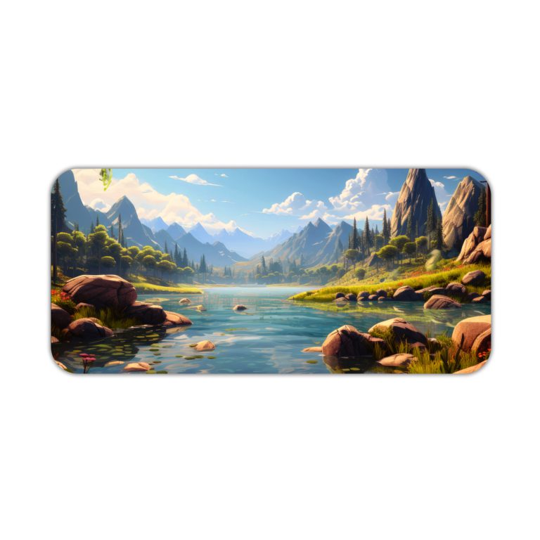 Serene Mountain Lake is surrounded by rocky peaks and lush vegetation in cool blues, warm greens, and browns. Desk Pad kept on a plain white background