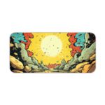 Infidu Color Wave Boom Animated Desk Pad with a bright sun, rocky landscape, and bold red, blue, yellow, and gray colors in a comic-style design. Desk Pad kept on a plain white background