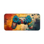 Gaming Desk Pad featuring a blue, red, and yellow controller with a sandal orange and yellow background, accented with vibrant paint splashes Desk Pad kept on a plain white background