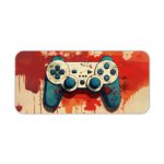 Infidu Tech Fusion With Joystick Desk Pad featuring an artistic game controller in orange and red, with a colorful sandal orange background and vibrant paint splashes Desk Pad kept on a plain white background