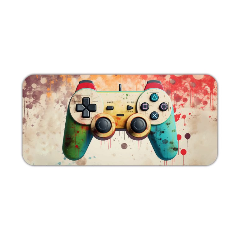 Gaming desk pad featuring a uniquely painted, colorful controller in bright green, sunny yellow, and cool blue, with an energetic background of paint splashes in reds, pinks, and oranges Desk Pad kept on a plain white background