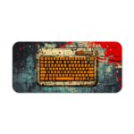 Infidu Tech Fusion with Keyboard Desk Pad featuring a vibrant, colorful background with gray, red, and sandal colors and a splash effect. Desk Pad kept on a plain white background