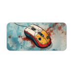 Infidu Tech Fusion with Mouse Desk Pad featuring a white mouse with orange and black details, splattered blue, white, and red background. Desk Pad kept on a plain white background