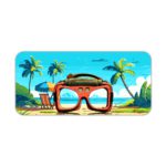 Tropical beach scene with red goggles, palm trees, and a clear blue sky on Infidu Tech Fusion with Sunglass Desk Pad. Desk Pad kept on a plain white background