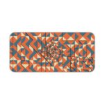 Desk pad with an abstract geometric pattern in blue, orange, and white, featuring triangles and various shapes. Desk Pad kept on a plain white background