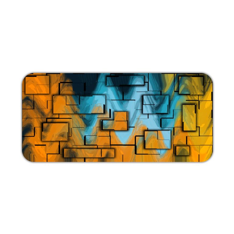 Infidu Artistic Desk Mat with an abstract geometric pattern in yellow, orange, and blue, covering the entire surface. Desk Pad kept on a plain white background