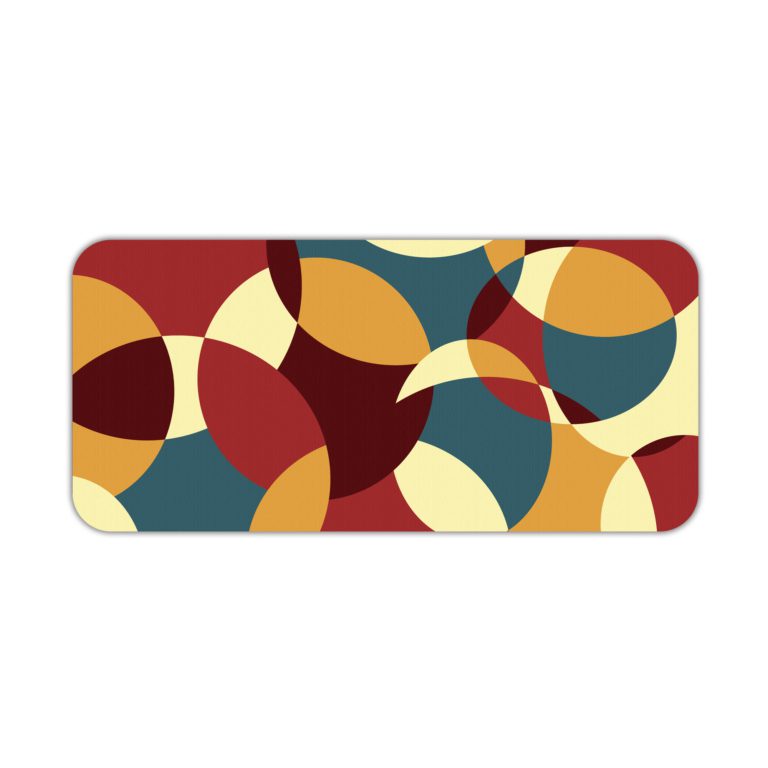 Infidu Artistic Patterns Desk Pad with overlapping curved shapes in maroon, beige, teal, and brown. Desk Pad kept on a plain white background