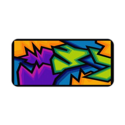 Infidu Artistic Patterns Desk Mat with sharp, angular shapes in purple, blue, green, orange, and black resembling graffiti. Desk Pad kept on a plain white background