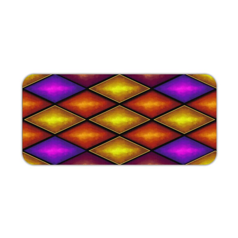 Infidu Artistic Patterns Desk Mat with 3D overlapping diamond shapes in gradient shades of purple, orange, and yellow. Desk Pad kept on a plain white background