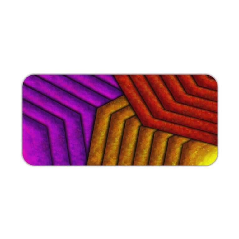 Infidu Artistic Patterns Desk Pad with a geometric zigzag pattern in warm hues of red, purple, and yellow, featuring a textured look. Desk Pad kept on a plain white background