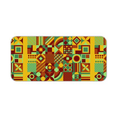 Infidu Artistic Patterns Desk Mat featuring a detailed geometric grid in earthy tones like green, yellow, red, and brown. Desk Pad kept on a plain white background