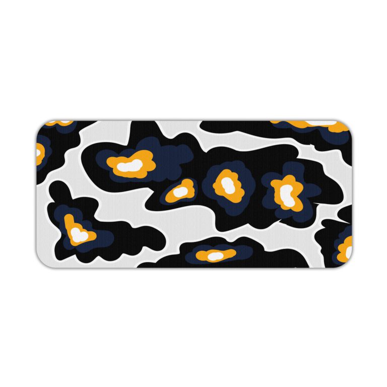 Infidu Artistic Patterns Desk Pad with a black background and large, irregular white and orange abstract shapes. Desk Pad kept on a plain white background