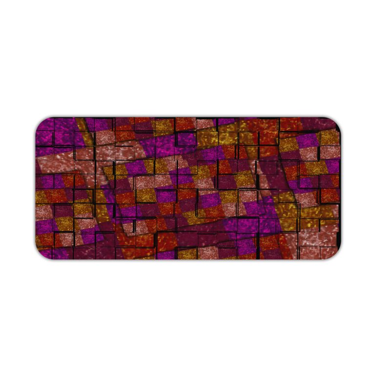 Infidu Artistic Patterns Desk Mat with a dark red and maroon background and a mosaic grid pattern in shades of orange, brown, and yellow. Desk Pad kept on a plain white background