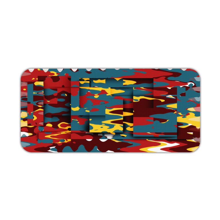 Infidu Artistic Patterns Desk Pad features a colorful abstract design with blue, red, yellow, and black layered shapes and lines. Desk Pad kept on a plain white background