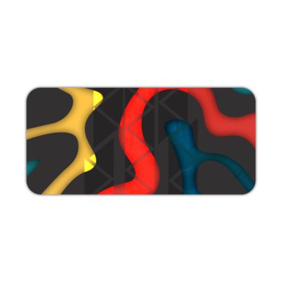 Infidu Artistic Desk Mat with bold curvy shapes in yellow, red, and blue on a dark black background. Desk Pad kept on a plain white background