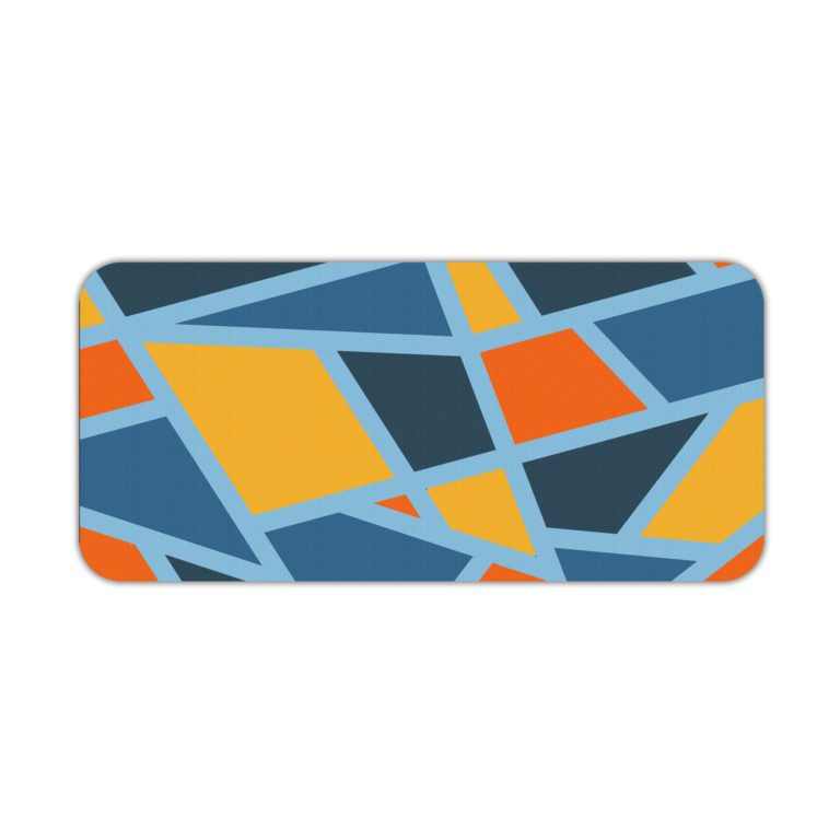 Infidu Artistic Pattern Desk Pad - Blue background with abstract shapes in orange, yellow, and light blue Desk Pad kept on a plain white background