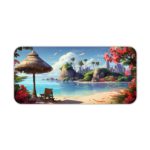 Infidu Nature Inspired Desk Pad with a calm blue sea, beach umbrella, chair, and bougainvillea flowers, in soft blues, greens, and pinks. Desk Pad kept on a plain white background