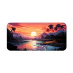 Desk pad with a tropical beach scene at sunset or sunrise, featuring vibrant colors, palm trees, and ocean reflections. Desk Pad kept on a plain white background