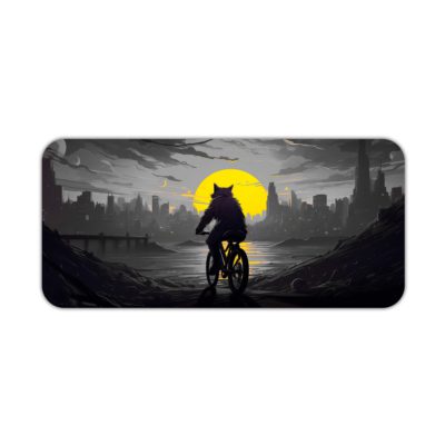 Infidu Artistic Desk Pad with a shadowy anthropomorphic cat or wolf riding a bicycle against a city skyline and a large yellow moon. Desk Pad kept on a plain white background