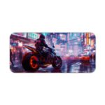 Desk pad featuring a stylish biker on a red-wheeled motorcycle with a blurry blue and purple urban background. Desk Pad kept on a plain white background