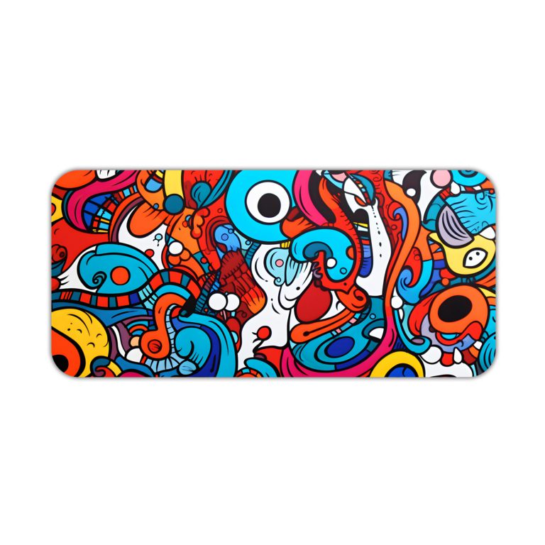 Desk pad with a vibrant, abstract cartoon doodle design featuring bold colors and playful shapes. Desk Pad kept on a plain white background