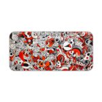 Red and gray desk pad with swirling, energetic shapes and doodle art. Desk Pad kept on a plain white background