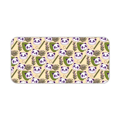 The cute panda desk mat has adorable panda faces and green leaves on a white and sandal background. Desk Pad kept on a plain white background