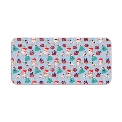 Infidu Christmas Desk Pad with playful snowflakes, Christmas trees, and ornaments on a light blue background. Desk Pad kept on a plain white background