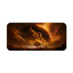 Infidu Space Desk Pad features a rocky planet with a dramatic sun against a swirling orange and yellow sky. Desk Pad kept on a plain white background