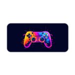 Gaming Desk Pad featuring a colorful controller in pink, blue, and yellow on a navy blue background, Desk Pad kept on a plain white background