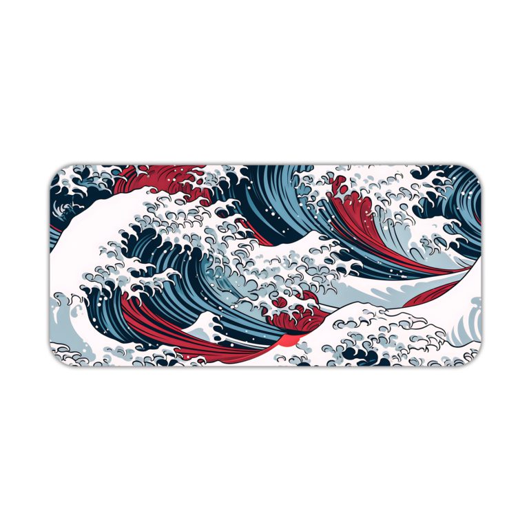 Infidu Artistic Desk Mat with Japanese Ocean vector art in blue and red waves on a white background. Desk Pad kept on a plain white background