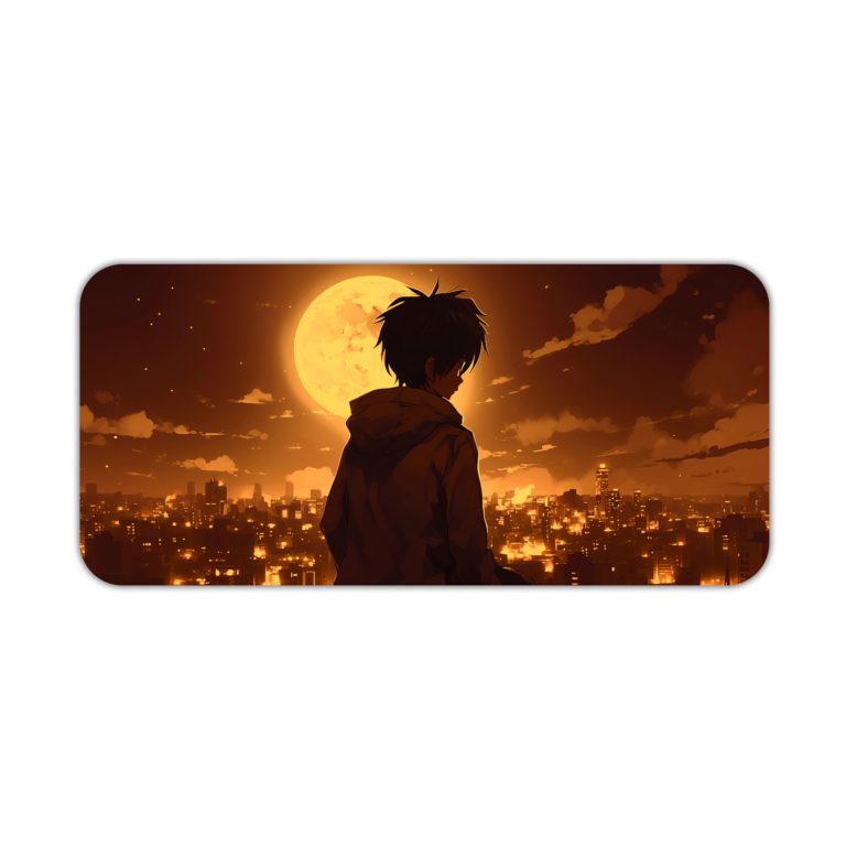 Desk pad featuring an anime-style silhouette of a person facing a glowing full moon with a nighttime cityscape background in warm colors. Desk Pad kept on a plain white background